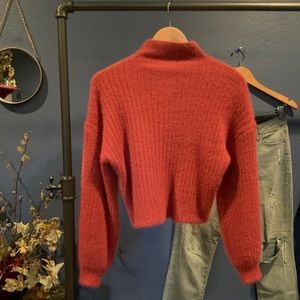 Fuzzy Mock Neck Ribbed Crop Balloon Sleeve Sweater